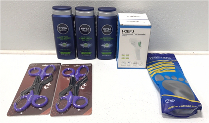 (2) Hobfu Thermometer (3) Nivea Men Body Wash-(2) Meuut Shears-Walk Hearo Shoe in souls