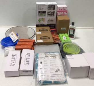 (1) Multipurpose Cutting Board (2) Tight Sealing Food Storage (2) Collapsible Collinders (9) Instant Read Thermometer (1) Hot Dog Slicer (3) Various Ice Cube Trays (2) Silicone Placemats (2) Tablecloths and More Kitchen Items