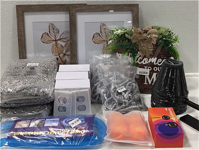 (2) 11x14&rdquo; Wooden Picture Frames (2) Welcome Signs W/ Faux Leaves (2) 15x23&rdquo; Gray Luxury Bathroom/Bedroom Rugs (3) 20-pcs White Outlet Covers (3) Curtain Tiebacks (1) Sunset LED Light (1) Toilet Paper Holder (6) Black Miniature Lampshades
