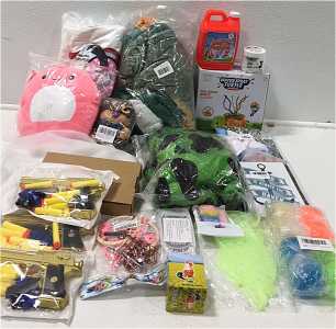 (1) Water Spray Turtle (2) Throw Blankets (3) Various Plush (3) Nerf Guns (1) Sticky Stress Balls (1) Colorful Bubbles (1) Oreo Butter Slime and More Childrens Toys and Room Decor