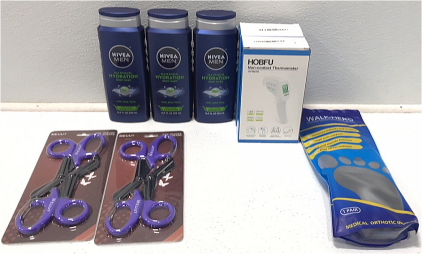 (2) Hobfu Thermometer (3) Nivea Men Body Wash-(2) Meuut Shears-Walk Hearo Shoe in souls
