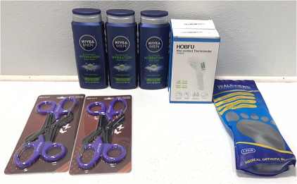 (2) Hobfu Thermometer (3) Nivea Men Body Wash-(2) Meuut Shears-Walk Hearo Shoe in souls