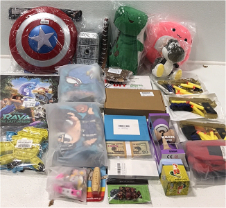 (1) Captain America Toy Shield (1) Thor&rsquo;s Hammer Toy (3) Various Plush Toys (2) Anime Blankets (3) Prop Money (3) Nerf Guns and More Toys and Childrens Crafts