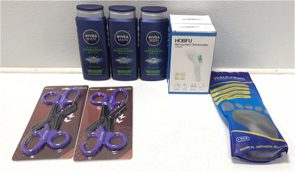 (2) Hobfu Thermometer (3) Nivea Men Body Wash-(2) Meuut Shears-Walk Hearo Shoe in souls