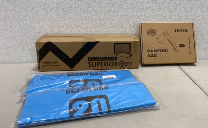 (1) Superior Et Soccer Goal Net (2) Blue 20 Pound Ocean Bags Dry bags (1) Aietol 9 inch Camping Axe