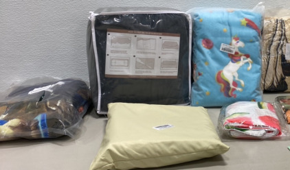 (1) Unicorn Blanket, (1) Grey Sheet Set, and more