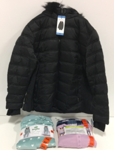 COSTCO CLOTHING - NEW (1) Nautica Black Womens Coat (1) Honeydew Super Soft Fleece Lounge Set (1) Eddie Bauer Womens 3-Piece Waffle Fllece Set