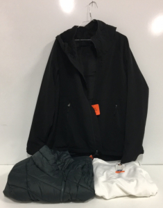 COSTCO CLOTHING - NEW (1) Kirkland Black Womens Jacket (1) Nicole Miller Green Pudffy Vest (1) David Bitton White Sweatshirt