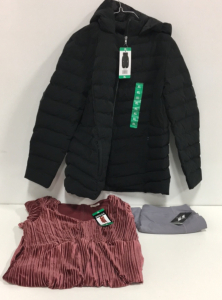 COSTCO CLOTHING - NEW (1) Briggs Full Length Pink Womens Dress (1) Skechers Yoga Pants (1) 32 Heat Puffy Winter Coat
