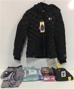 COSTCO CLOTHING - NEW (1) Tommy Hilfiger Womens Black Coat (1) Pair Of Womens Jockey Pants (2) Womens Seamless Sports Bras (1) Honeydew Super Soft Fleece Lounge Set (1) Live Love Lounge Pajamas