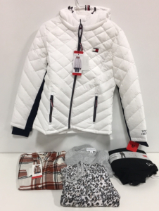COSTCO CLOTHING - NEW (1) Tommy Hilfiger Womens White Winter Coat (1) Weatherproof Vintage Flannel (3) Live Love Laugh Pajama Set (1) Calvin Klein Long Sleeve Pant Set