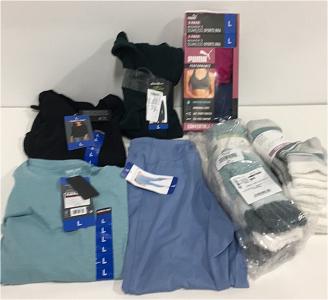 COSTCO CLOTHING - NEW (2) Kirkland Womens Shirts (1) Danskin Yoga Pants (1) Eddie Bauer Womens Fleece 1/4 Zip (1) Puma 2-Pack Seamless Sports Bras (8) Pair Of Lemon Super Soft Socks