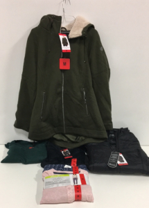 COSTCO CLOTHING - NEW (1) Madison Expedition Green Zip Up Coat (1) Well Worn Green Sweater (1) Banana Republic Long Sleeve V-Neck (1) Aventure Womens Black Puffy Coat (1) Eddie Bauer Womens 3-Piece Waffle Fleece Sleep Set