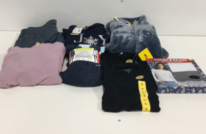 COSTCO CLOTHING - NEW (2) Lucky Brand Long Sleeve Shirts (1) 32 Heat Womens Zip Up (2) Segments Ling Sleeve Shirts (1) Eddie Bauer Womens 3-Piece Hacci Lounge Set (1) Marc New York Womens Fleece (1) Pair 32 Heat Yoga Pants