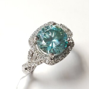 $4910 14K Intense Slightly Greenish Blue Moissanite(3.2ct) Diamond (0.45Ct,I1-2,F-G) Ring