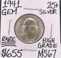 1941 MS67 Rare Gem Silver Quarter