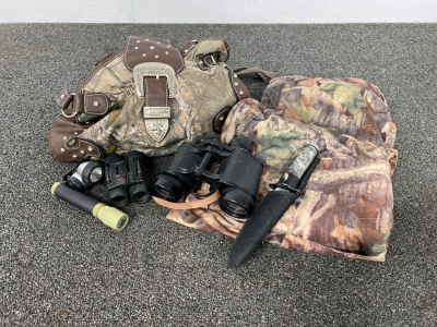 Red Head Brand Camo Pants size medium, (2) Binoculars, Hunting Knife and More