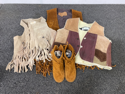 (3) Leather Vests and pair of Leather Shoes Please Inspect
