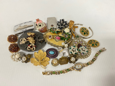 Assorted Collectibles includes: jewelry, pins and buckles