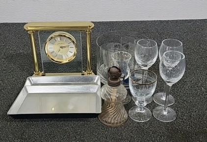 Seth Thomas Clock with Assorted Glasses, (2) Display Trays, and Antique Candle
