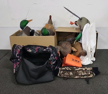 (2) Boxes of Duck Decoys, Children's Orange Vest, Rifle/Shotgun Ammo Pouch and More