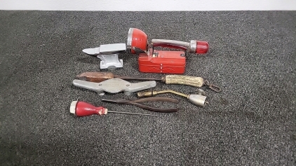 Box of Assorted Tools, FlashLight, Small Anvil and More