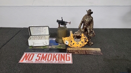 Box of (2) Signs, First Aid Kit, Hanging Leopard Air Plant Pot and More