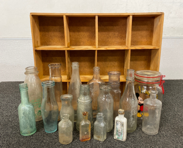 Antique Glass Bottles and Wooden Crate