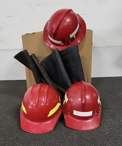 Box of (2) Pair Rubber Boots Sized 7 and 11, and Assorted Red, Yellow and White Hard Hats