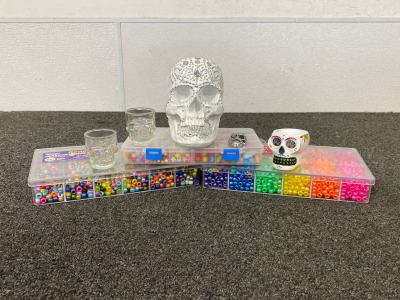 Skull decor and (3) Organizers with Crafting Beads