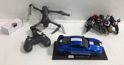 Drone, 2020 Model Mustang, (4) Motorcycle Toys