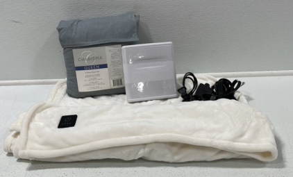 (1) Plush Heated Throw Blanket (1) Queen Size Sheet Set (1) 2-pcs Reading Glasses