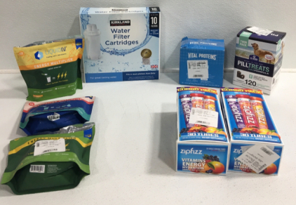 Kirkland Water Filter Cartridges, (3) Liquid I.V Energy Drink Mix, (2) Zip Fizz Combo Packs, Vital Proteins, Dog Pill Treats