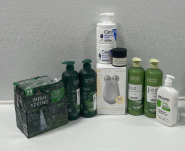 (1) Trinity Microcurrent Skincare Regimen (2) Super Nature Aloe Shampoo (2) Super Nature Aloe Conditioner (1) 20-pack Irish Spring Bar Soap(one missing) (2) Cerave Moisturizer Cream (1) Perricone Face Finishing & Firming Moisturizer (1) AmLactin Lotion