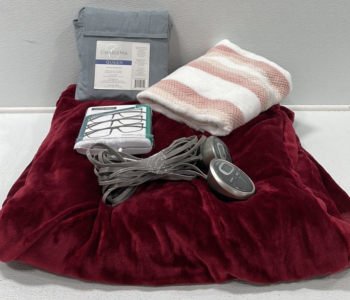 (1) Queen Sized Sheet Set (1) Queen Sized Heated Blanket (1) Bath Towel (1) 3-pcs Reading Glasses