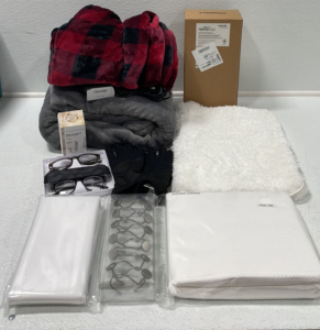 (1) UltraThin Power Pulse Shower Head (1) White Plush Bath Mat (1) Shower Curtain Set (1) Heated Throw Blanket (1) Plush Throw Blanket (1) Spyder Gloves W/ Touch Screen Capability (1) 2-pack Reading Glasses (1) Volition Snow Mushroom Water Serum