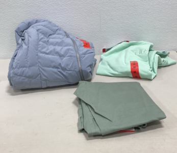 (1) Size M Light Blue Cold Jacket, (1) Pair of Size 8 Light Green Jeans, (1) Mint Green Size FILA Crewneck