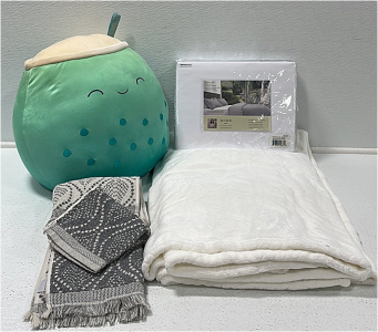 (1) Queen Sized Duvet Cover (1) Plush Throw Blanket (1) Large Squishmallow (1) 3-pcs Hand Towel and Wash Cloth Set