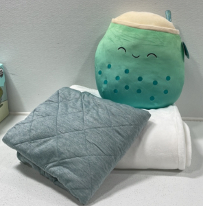 (1) Queen Plush Blanket (1) Cooling Throw Blanket (1) Large Squishmallow