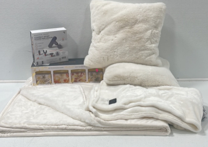 (2) Plush Faux Fur Throw Pillows (1) Plush Faux Fur Throw Blanket (1) 4-pcs Bellevue Luxury Candles (1) Sharper Image Compact Power Percussion Massager (1) Heated Throw Blanket