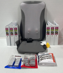 (1) Homedics Office Chair Back Massager (6) 1 1/2” White Three Ring Binders (1) 48-count AAA Batteries (1) Partial Pack AA Batteries (1) Foster Grant 3-pcs Reading Glasses