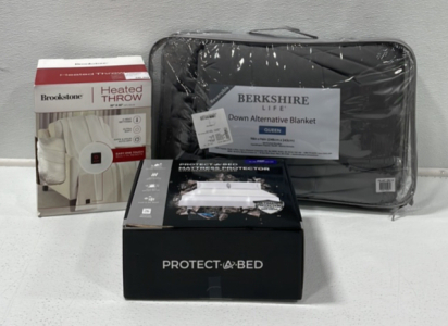 (1) Berkshire Life Queen Sized Down Alternative Blanket (1) King Sized Charcoal Infused Mattress Protector (1) Brookstone Heated Throw Blanket