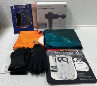 (1) Sharper Image Power Percussion Massager (1) 2-pack Copper Fit Compression Knee Sleeve (2) Beach Blankets (2) Spyder Winter Gloves (1) 4-pack Golf Gloves