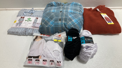 Blue Sleep Set, Blue Plaid Plush Shirt Jacket, Burnt Orange Sweater, 2-Pack Long Sleeves, (2) No Show Socks