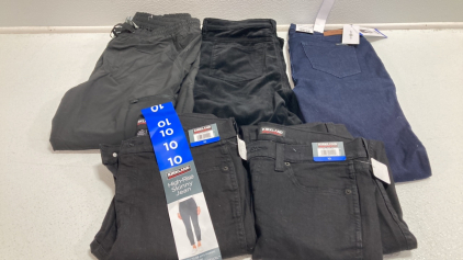 Women&rsquo;s Clothes Size 10: Black Fleece Lined Pants, Black Velvet Pants, Dark Blue Jeans, (2) Black Jeans