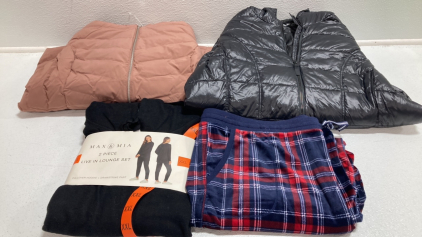 Women&rsquo;s Clothes Size XXL: Dusty Rose Puffy Coat, Black Puffy Coat, Black Lounge Set, Plaid Pajama Set