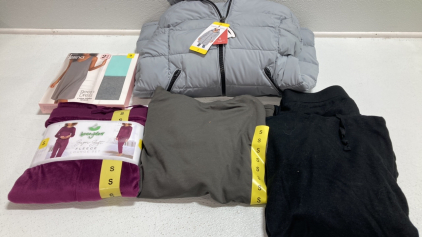 Women&rsquo;s Clothes Size Small: Gray Long Puffy Coat, Pack of 2 Sleep Dresses, Purple Lounge Set, Gray High Neck Sweatshirt, Black Hoodie Lounge Set