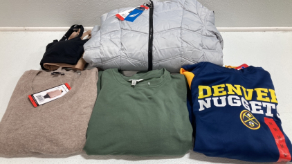 Women&rsquo;s Clothes Size Medium: Gray Puffy Coat, (2) Bras, Tan Cashmere Sweater, Green Sweatshirt, Denver Nuggets Hoodie