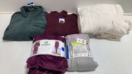 Women&rsquo;s Clothes Size Large: Green Pullover, Maroon Cashmere Sweater, Cream Robe, Purple Lounge Set, 3-Piece Lounge Set