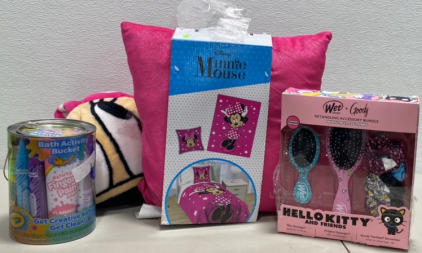 (1) Disney Minnie Mouse Character Pillow and Oversized Throw Two piece set (1) Crayola 30 Piece Bath Activity Set (1) Hello Kitty and Friends Wet Brush+ Goody Detangling Accessory Bundle Limited edition